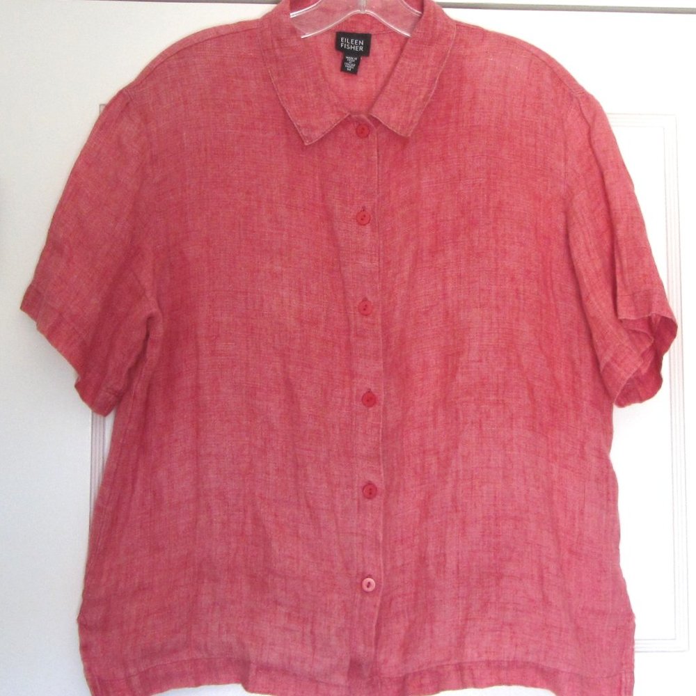 Eileen Fisher Blouse, Linen, Short Sleeves, Red, Size Medium